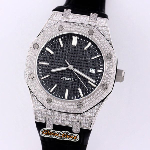 

cal.a3120 automatic 15400 15451 black texture dial sapphire mens watch silver diamond inlay iced out case leather sport watches, Slivery;brown