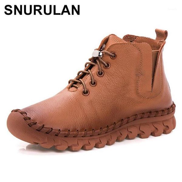 

boots snurulan autumn winter women's fashion 2021 genuine leather shoes sewing casual botas warm plush round toe ankle boots1, Black