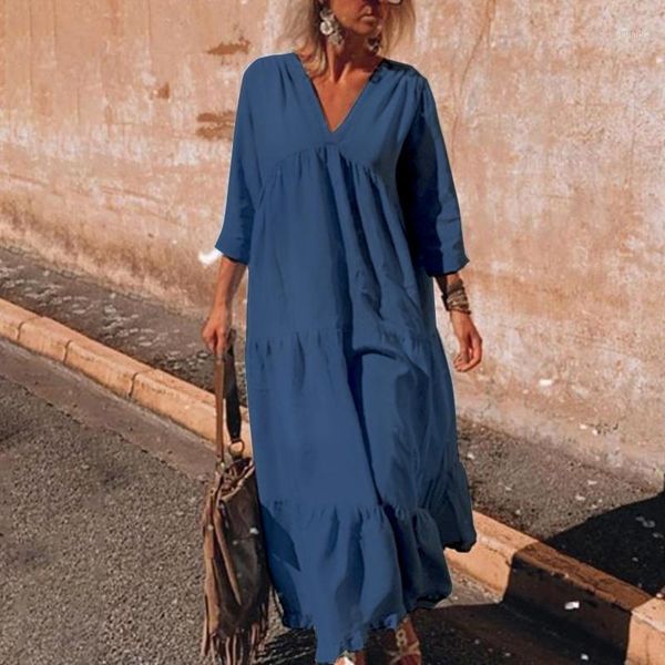 

2020 autumn casual long maxi dresses fashion v-neck robe zanzea women bohemian maxi dress loose solid sundress vestidos robe 5xl1, Black;gray