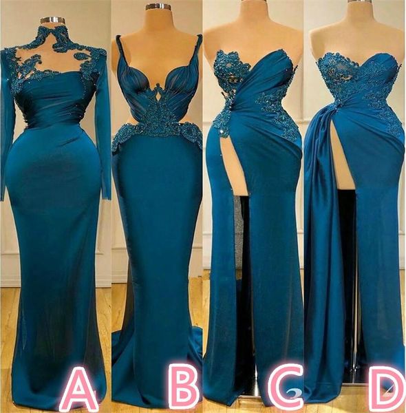 

2021 peacock blue evening dresses high neck straps sweetheart neckline side slit mermaid plus size prom party gown formal occasion wear, Black;red