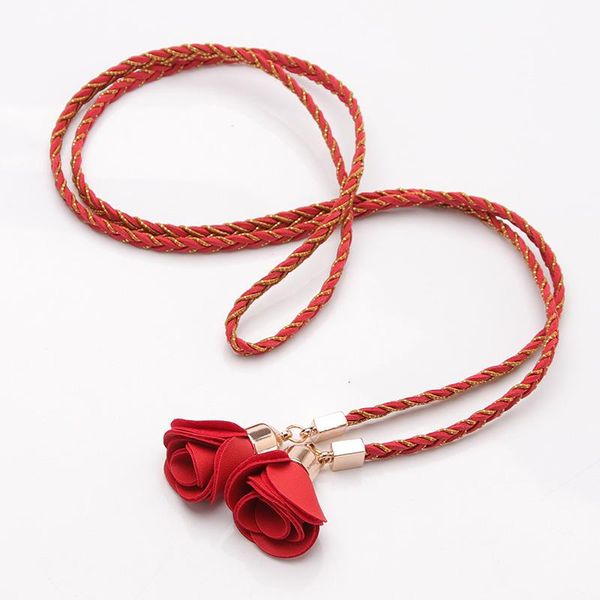 

female multicolor braided leather belt fashion rose flower waist chain dress decoration tassel thin waistband elegant waist belt, Black;brown