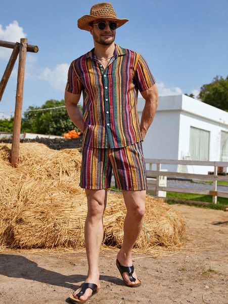 

men striped shirt & drawstring shorts v9aa#, Gray