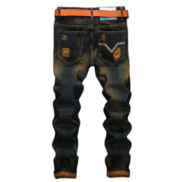 

rc7a men badge pencil hiphop ripped biker trousers spring pants jeans long casual clothing, Blue