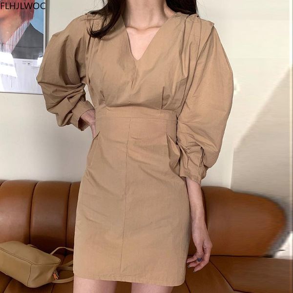 

korea chic fashion clothing womens fashion puff sleeve solid color slim waist pencil mini dress fenimine vestidos n811, Black;gray