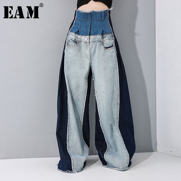 

[eam] wide leg contrast color split long jeans new high waist loose women trousers fashion tide spring autumn lj200810, Blue