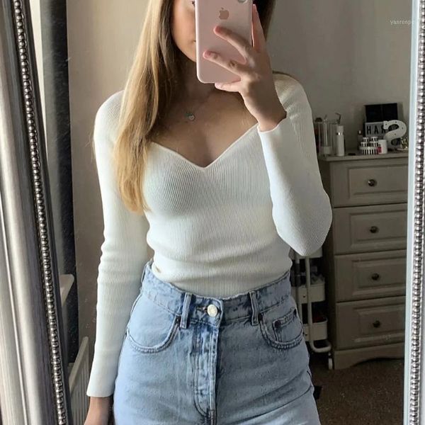 

foridol v neck knitted pullovers women long sleeve slim vintage autumn winter basic casual ribbed sweater 20201, White;black