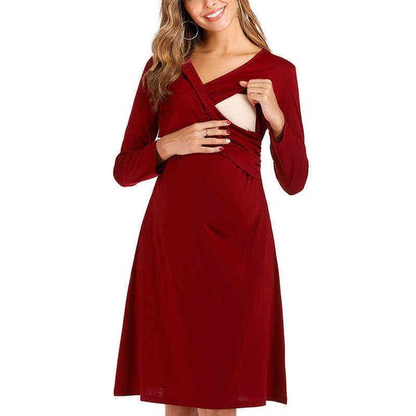 

new breastfeeding dresses maternity clothes for pregnant women clothing solid v-neck pregnancy dresses mother wear evening dress g220309, White