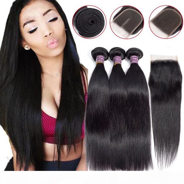 

10a brazilian virgin hair straight with 4x4 lace closure human hair extensions weave bundles wefts wholesale 3bundles with closure, Black