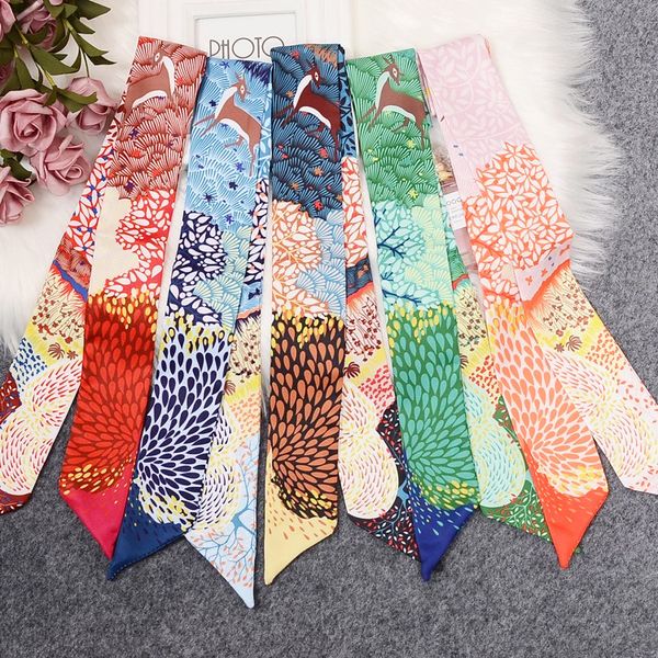 

women small silk scarf colorful digital printing ribbons neckerchief waistband multifunctional magic neck bag handle girl scarves & wraps, Blue;gray
