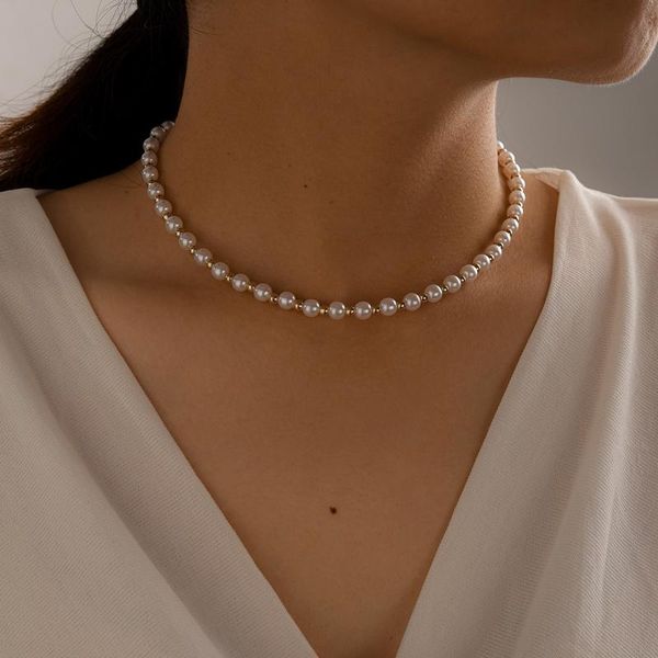 

chokers huatang elegant handmade strand pearl choker necklace for women gold color bead charming clavicle chain female party jewelry, Golden;silver