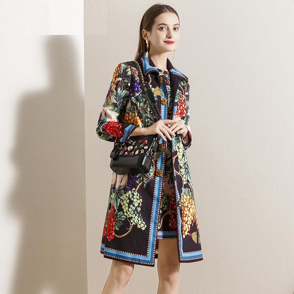 

2021 new women autumn winter woolen cloth coat jacket grape print one row buttons long sleeve coat and dress fashion two pieces, Black