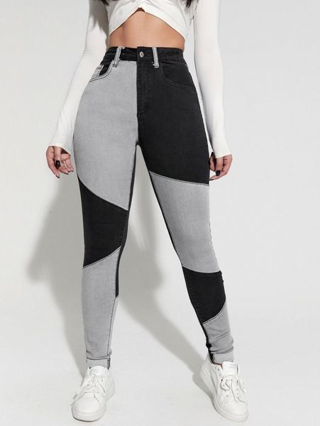 

high waist colorblock graphic skinny jeans z6h9#, Blue