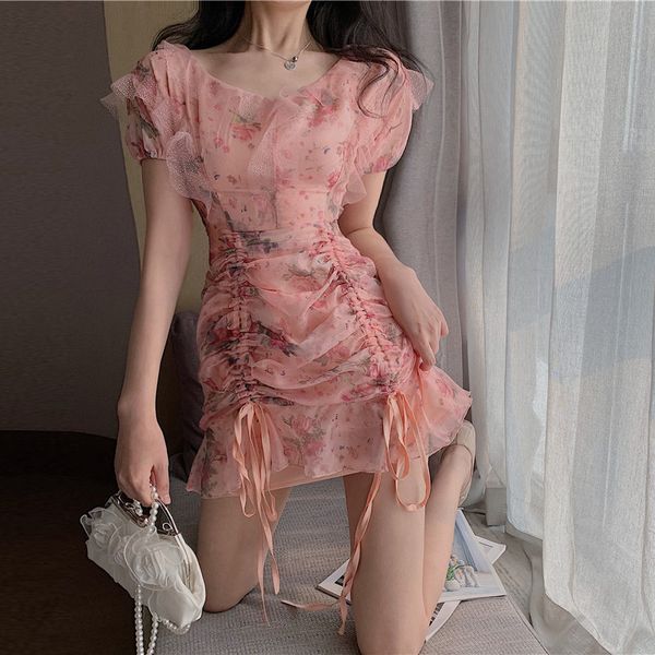 

2021 new vero com decote em floral feminina fada moda tnica cintura fina cordo curto manga curta rosa chiffon vestido i2na, Black;gray