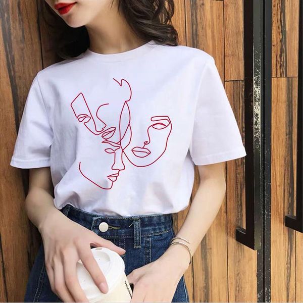 

abstract line female summer harajuku short sleeve black tees new fun vintage loose large size s-2xl korea ulzzang t-shirt, White