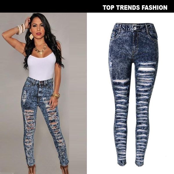 

women snowflake stripe holes high waist distressed jeans mujer street style large size plus size womens clothing 2771, Blue