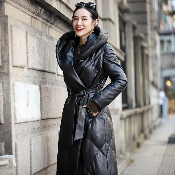 

women real 2020 new winter down jacket hooded long sheepskin coat female genuine leather warm qbl-yr02 kj59971, Black