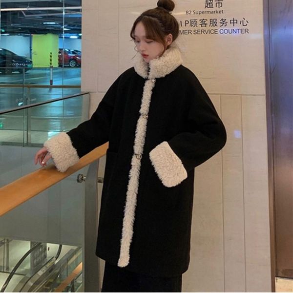 

temperament woolen coat womens clothing 2020 new autumn winter korean fashion mid-length loose thicken woolen jacket female a383, Black