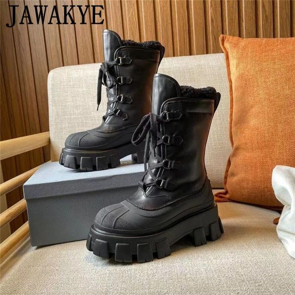 

boots winter platform shoes woman black leather wool mid-calf thick sole ladies lace up snow botas mujer