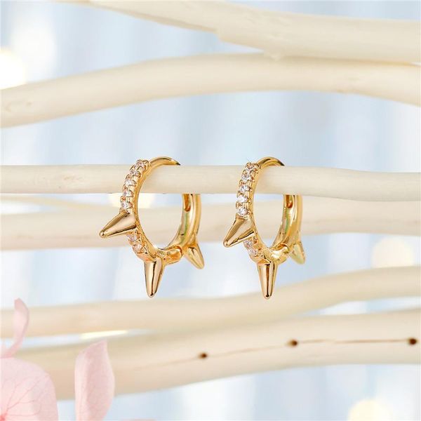 

1pair punk shiny rhinestone cone geometric hoop earrings for women men hiphop gold metal color rivet circle ear stud jewelry, Golden;silver