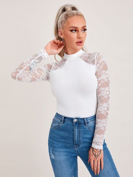 

lace sleeve fitted t3sq#, White