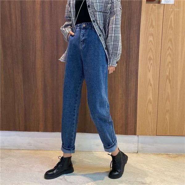 

women's jeans women solid denim straight womens loose simple student high waist all-match korean style chic casual fashion harajuku1, Blue