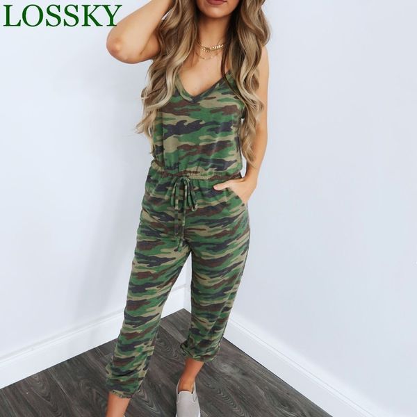 Camouflage Print Strap Jumpsuit Casaul V-Ausschnitt Lace Up Damen Sommer Pocket Jumpsuits ärmellose Hosen Camo Strampler Overalls T200107