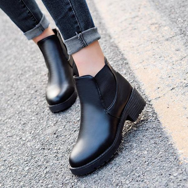 

boots promotional winter autumn women platforms square heel ankle paint leather motorcycle botas lady shoes, Black