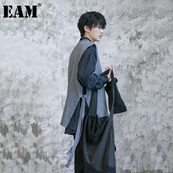 

eam] women gray vent bandage knitting vest loose fit new round neck sleeveless fashion tide autumn winter 2020 1dd0455, Black;white