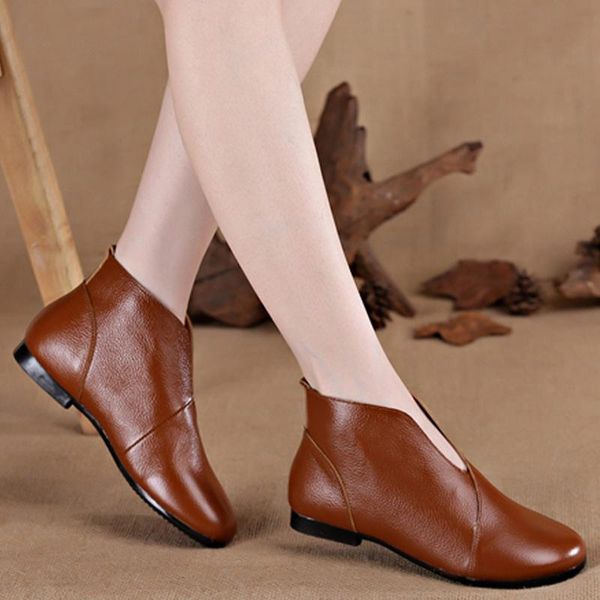 

boots mcckle women retro ankle ladies genuine leather soft sewing falt shoes female slip on fashion woman autumn, Black
