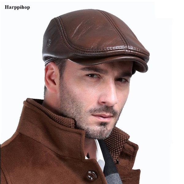 Herren Outdoor Leder Hut Winter Berets männlich warme Gehörschutzkappe 100% echtes Leder Papa Hut Großhandel Freizeit Knochen Y200103