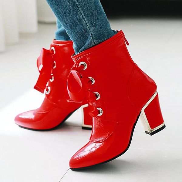

boots aiweiyi woman ankle patent leather round toe square heel high heels lace up platform shoes fur warm winter botas, Black