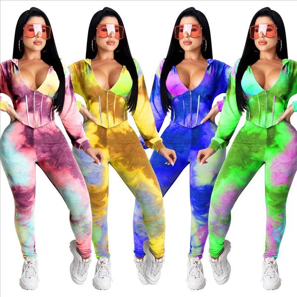 

cutubly zipper up womens set tie dye print two piece set long sleeve hooded and jogger pants suit outfits casual tracksuits, Gray