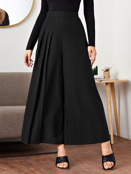 

fold pleated detail wide leg pants i32d#, Black;white