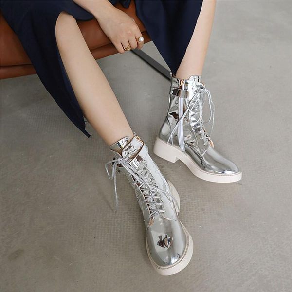

ymechic 2020 winter chunky heels ankle biker combat boots for women buckle strap patent black silver lace up bootie ladies shoes