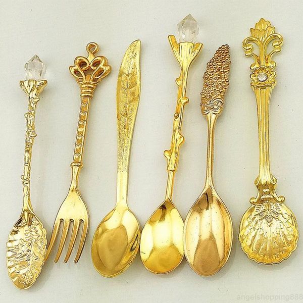

6 pcs royal antique european style vintage pomegranate flower carved coffee tea scoop tableware cutlery set