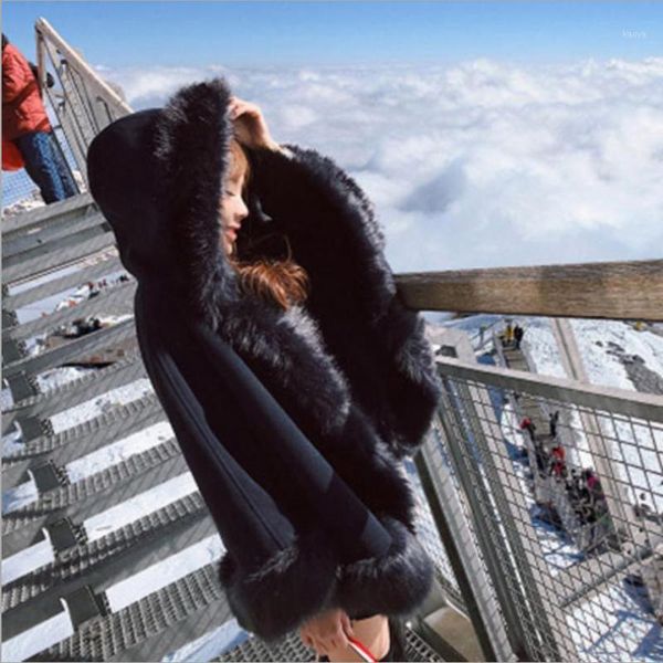 

2018 winter women's jacket imitation fur cape shawl coat loose woolen hooded shawl cloak jacket female casual outwear l15631, Black