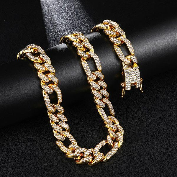 

chains 13mm miami cuban chain men zinc alloy rhinestone necklace luxury trendy male&women fashion jewelry, Silver