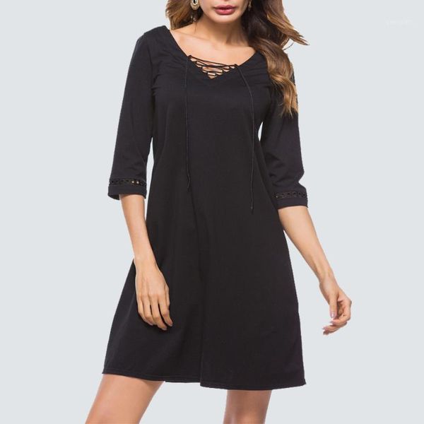 

casual dresses women solid color v-neck with rope shift dress elegant vintage 3/4 sleeve straight lady ht0181, Black;gray