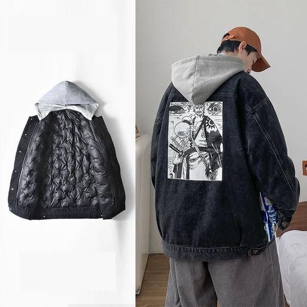 

japanese animation denim down jackets winter warm hooded jacket for men plus size loose jeans casual coat down jackets outwear, Black