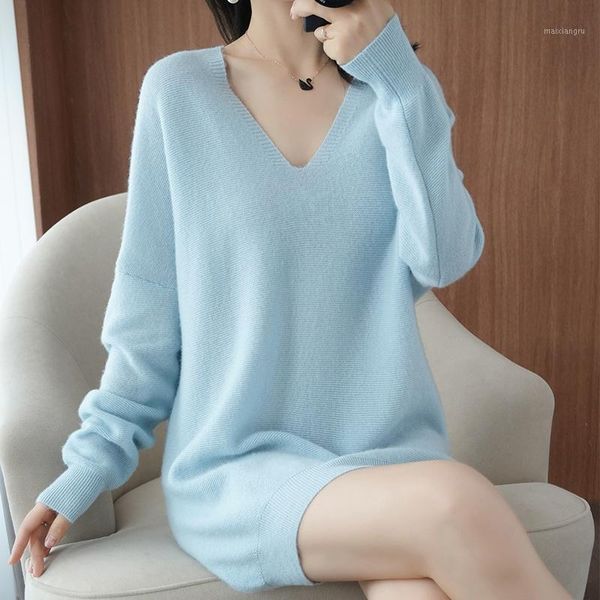 

cashmere high-end women casual long sweater v-neck female 2020 new autumn winter sleeve loose knitted dress 4 colors jumpers1, White;black