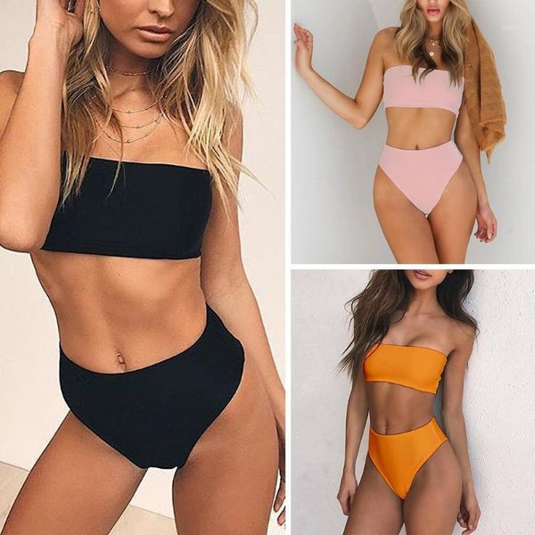 

bikinis set women solid color tube bandeau high waist panties bikini swimwear1