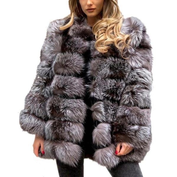 

women's fur & faux women winter elegant natural artifical coat jacket long sleeve black overcoat female outwear