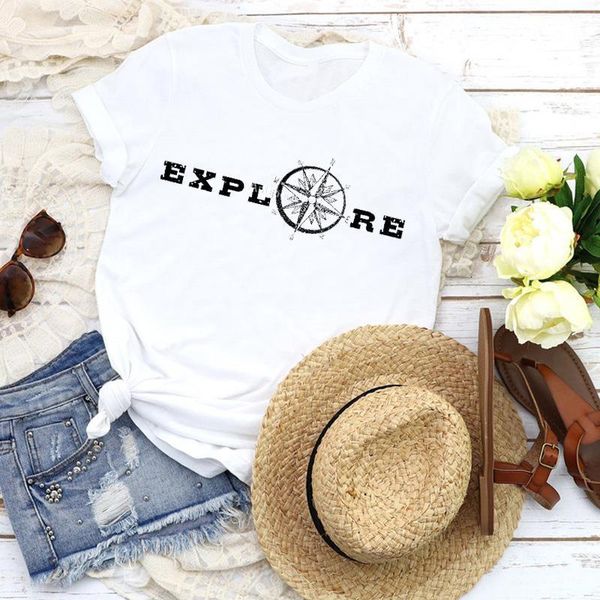 

women graphic compass letter adventure printed lady 90s fashion tees print t shirt clothing female shirt womens t-shirt, White