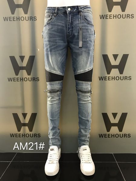 

new style men's and women's jeans slim locomotive denim fashion trendy hip-hop men's jeans am21, Blue