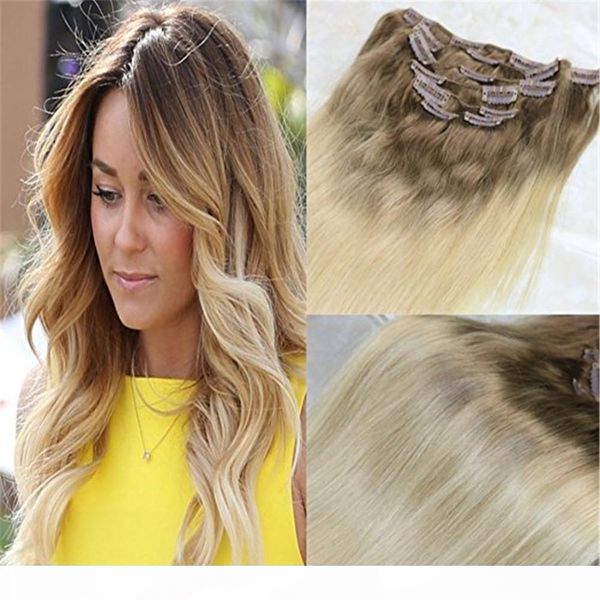 

clip in hair extensions balayage ombre color #8 light brown fading to #613 blonde remy real human hair clip on weave 7pcs 120g, Black