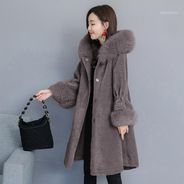 

wywan winter new sheep shearling coat women's mid-length fur particle wool one fur coat1, Tan;black