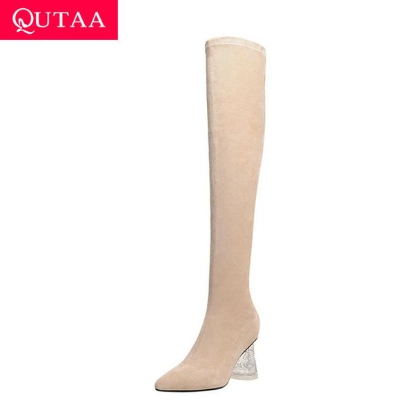 

boots qutaa 2021 transparent square heel over the knee stretch flock zipper ladies shoes pointed toe women long size 34-39, Black