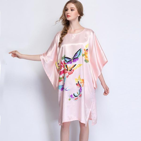

women's sleepwear oversized summer pink silk rayon home dress women casual nightdress sleepshirt robe gown kimono bathrobe plus size 6x, Black;red