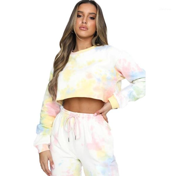 

tie dye female suits new casual round collar long sleeves short + lace-up long pants 2pcs outfits women loose plus size sets1, Gray