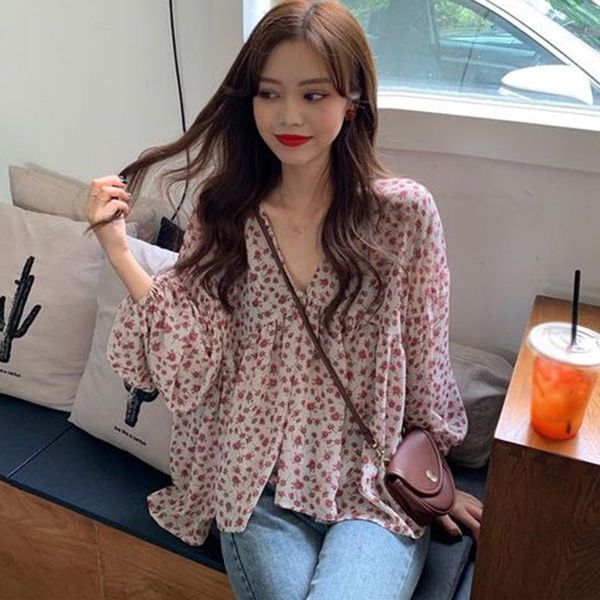 

jlong floral long-sleeved chiffon shirt autumn women thin v-neck loose wild temperament blouse and, White